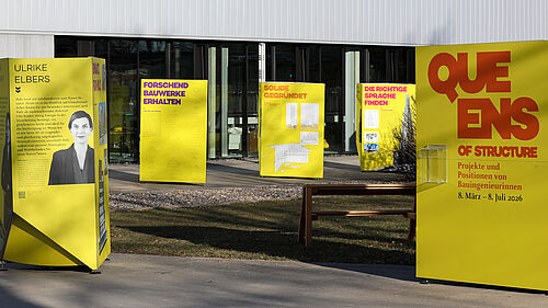 Es sind fünf rund zwei Meter hohe und ein Meter breite gelbe Rechtecke zu sehen. Auf diesen befinden sich Porträts von Frauen und TExt.