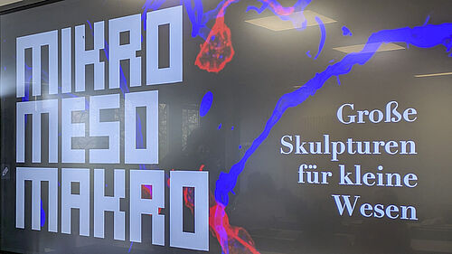 Es ist ein Bildschirm zu sehen, neben dem ein Poster hängt.