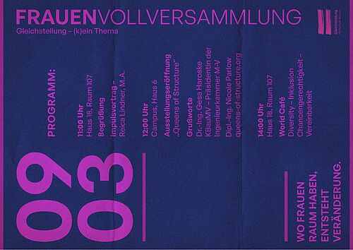 Plakat 0903 mit Einladung zur Frauenvollversammlung:Rosa Schrift auf lila Hintergrund