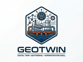 abstraktes Logo "GeoTwin" mit stilisiertem Geothermiekraftwerk