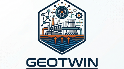 abstraktes Logo "GeoTwin" mit stilisiertem Geothermiekraftwerk