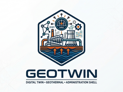 abstraktes Logo "GeoTwin" mit stilisiertem Geothermiekraftwerk