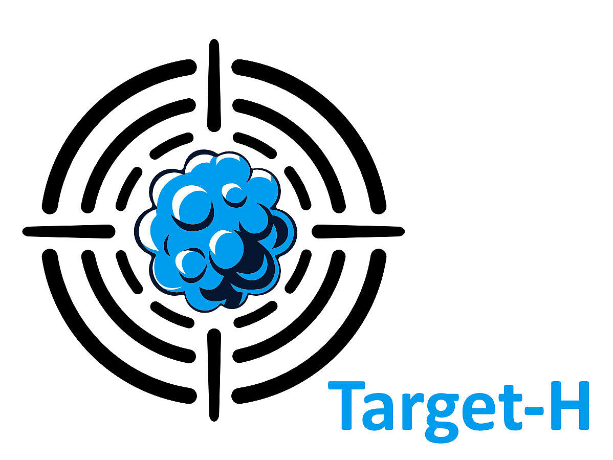 Zu sehen ist eine grafisch abstrahierte Tumorstruktur, auf der ein Fadenkreuz liegt.