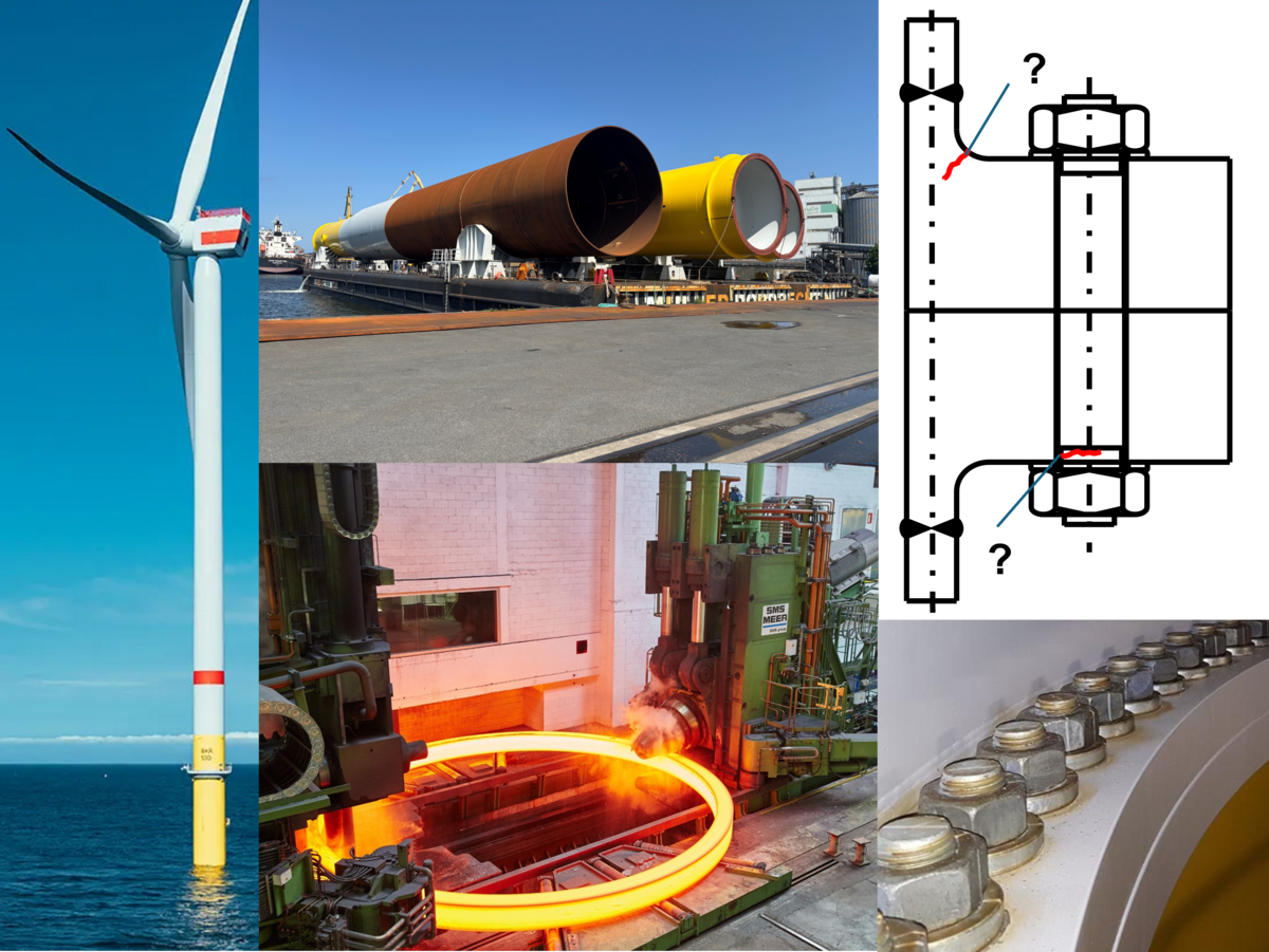 Collage zu Windenergieanlagen mit Detailbildern zu Schrauben und Rohrkörpern
